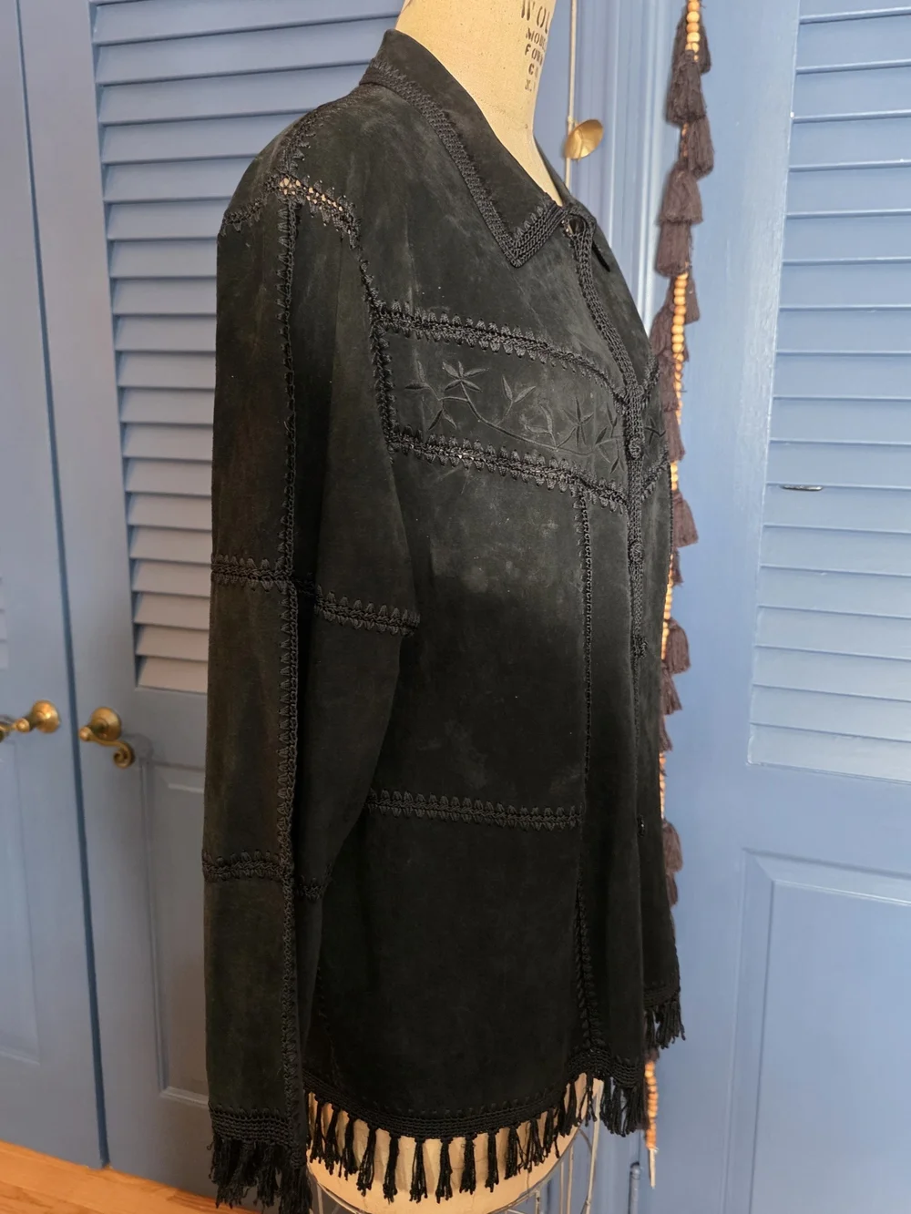 VTG Dressbarn Black Suede Leather Patchwork Western Fringe Jacket Boho 16W